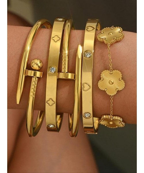 Cute Four-leaf Clover Design Bangles, Fashionable Stainless Steel Jewelry for Women, Trendy All-match & Exquisite Jewelry for Birthday Gift