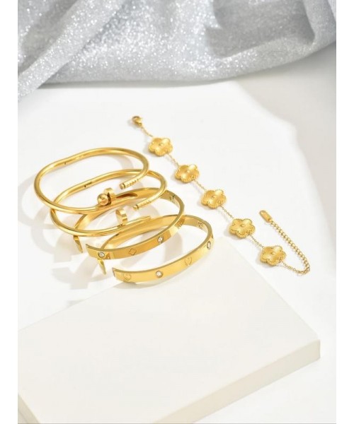 Cute Four-leaf Clover Design Bangles, Fashionable Stainless Steel Jewelry for Women, Trendy All-match & Exquisite Jewelry for Birthday Gift