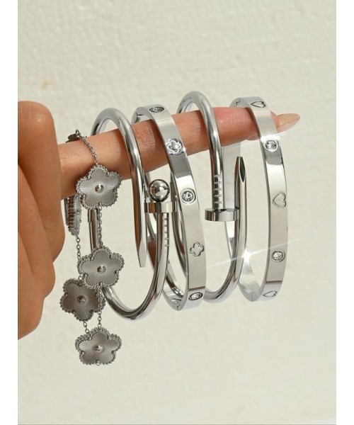 Cute Four-leaf Clover Design Bangles, Fashionable Stainless Steel Jewelry for Women, Trendy All-match & Exquisite Jewelry for Birthday Gift