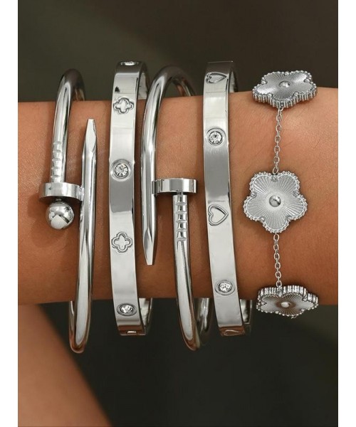 Cute Four-leaf Clover Design Bangles, Fashionable Stainless Steel Jewelry for Women, Trendy All-match & Exquisite Jewelry for Birthday Gift