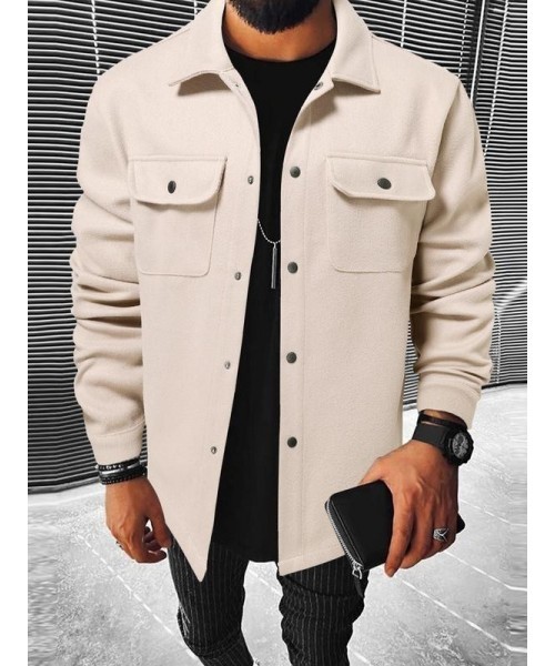 Men's Plain Long Sleeve Jacket, Men Designer Clothes, Casual Classic Button Front Flap Pocket Collared Outerwear for Fall, Designer Jacket Streetwear for Fall, Going Out Tops, Fall Outfits, Earthtone Fallfreshness