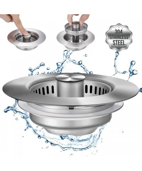 3 in 1 Kitchen Sink Drain Strainer Kitchen Gadgets, Stainless Steel Sink Stopper Kitchen Accessories, Anti-clogging Drainage Odor Filter Sink Plug for US Standard 3 1/2 Inch Drain