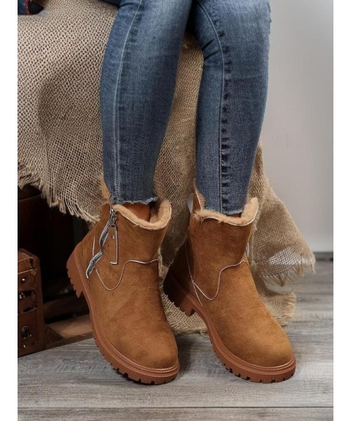 Women's Fashionable Patched Design Zipper Boots, Casual Warm Snow Boots for Winter, Female All-match Round Toe Shoes for Daily Wear