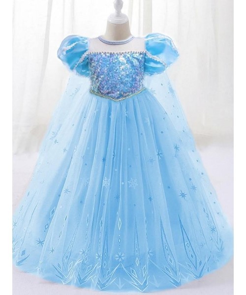 Girl's Contrast Mesh Sequin Decor Faux Pearl Decor Princess Dress, Elegant Puff Sleeve Round Neck Dress for Party, Kids Clothing for All Seasons