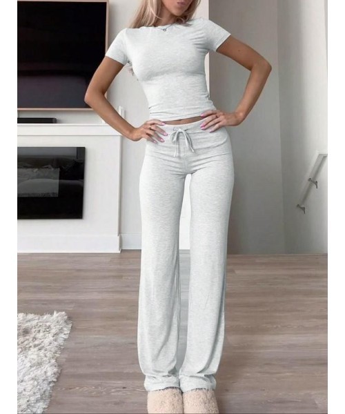 Women's Solid Short Sleeve Two Piece Set, Summer Outfits 2024 Two Piece Sets, Casual Round Neck Crop Tee & Drawstring High Waist Trousers for Daily Wear, Back-to-school Clothing, Ladies Fall Matching Sets Going Out, Fall Outfits Black Girl