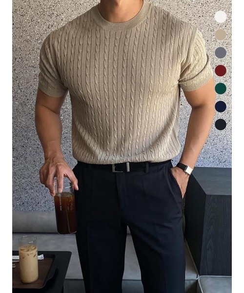 Men's Plain Round Neck Cable Knit Top, Knit Sweater, Slim Casual Streetwear Short Sleeve Crew Neck Knitwear Top, Summer Clothes, Soft Classic Knitting Tops, Fall Clothes, Back to School Outfits, Summer Tops 2024, Men's Clothes