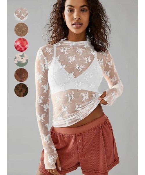 Women's Floral Lace Thumb Hole Sheer Tee, Trendy Mock Neck Long Sleeve T-shirt, Graphic Fall Tees, Women's Top for Daily Wear, Fall Outfits, Fallfreshness