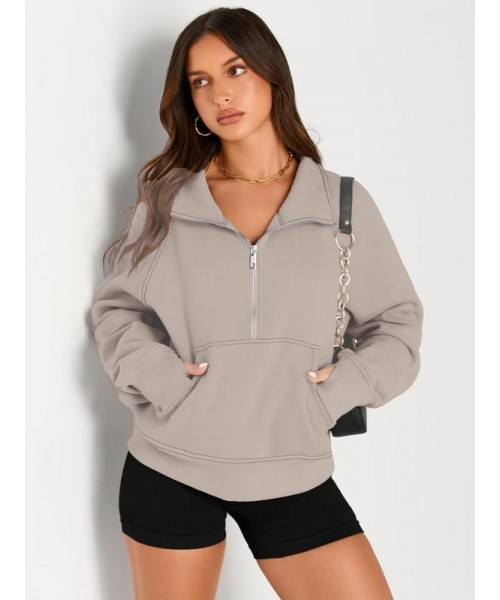 Women's Solid Zip Up Thermal Lined Sporty Sweatshirt, Gym Clothing, Sporty Long Sleeve Kangaroo Pocket Pullover for Fall & Winter, Women's Sportswear for Indoor Outdoor Wear