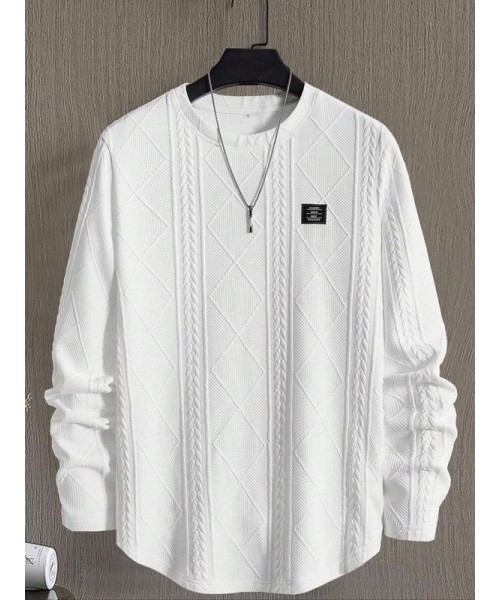 Men's Regular Fit Patched Detail Textured Knit Tops, Knit Sweater, Nit Casual Long Sleeve Round Neck T-shirt for All Seasons, Fashion Men's Knit Top for Daily Wear