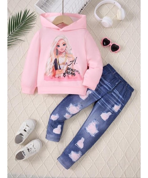 Two-Piece Set Girl's Cartoon Figure Print Sweatshirt & Denim-Effect Print Leggings Set, Casual Fashion Long Sleeve Hooded Pullover & Skinny Pants for Daily Outdoor Wear, Girls Two-piece Outfits for Fall & Winter