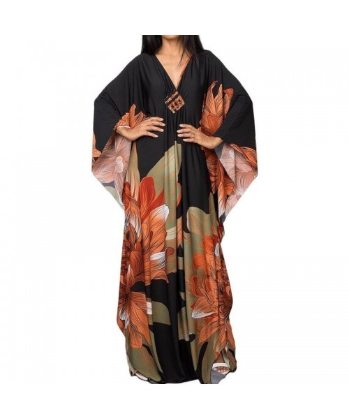 Women Ethnic Print Kaftan Dress ，All Over Print Sleeve TunicDress, Boho Casual V Neck 3/4 Sleeve TunicDress for Women, Women's Plus size Cover Up,Mrs. Roper Kaftan ，bubu，mumu，Casual Womenswear