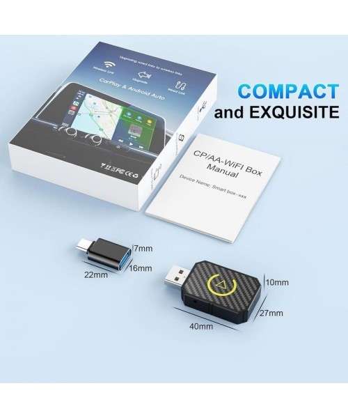 Mini Wireless Apple CarPlay Adapter, for both Apple and Android, 2 in 1, small wireless carplay adapter, converts wired to wireless, suitable for factory wired CarPlay cars from 2016 onwards, plug and play