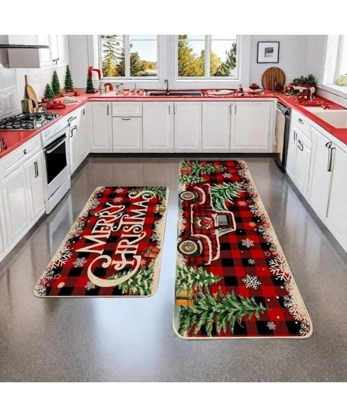 Christmas Themed Kitchen Floor Mat, 2 Counts/set Xmas Letter Tree & Truck Pattern Kitchen Mat, Rectangular Carpet for Home Living Room Bedroom