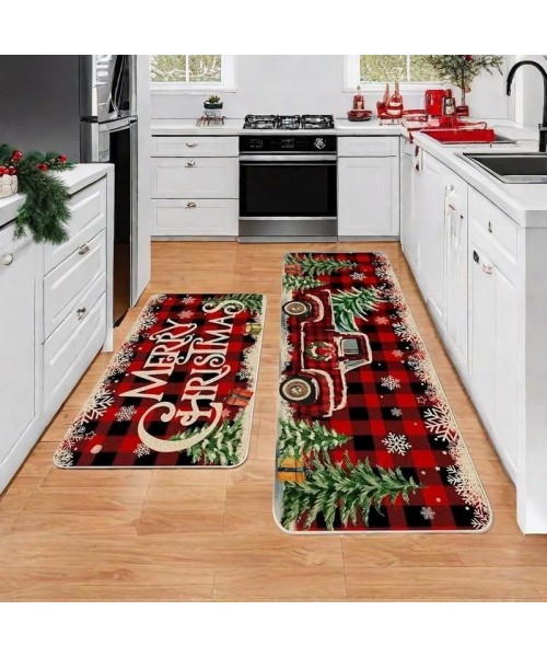 Christmas Themed Kitchen Floor Mat, 2 Counts/set Xmas Letter Tree & Truck Pattern Kitchen Mat, Rectangular Carpet for Home Living Room Bedroom