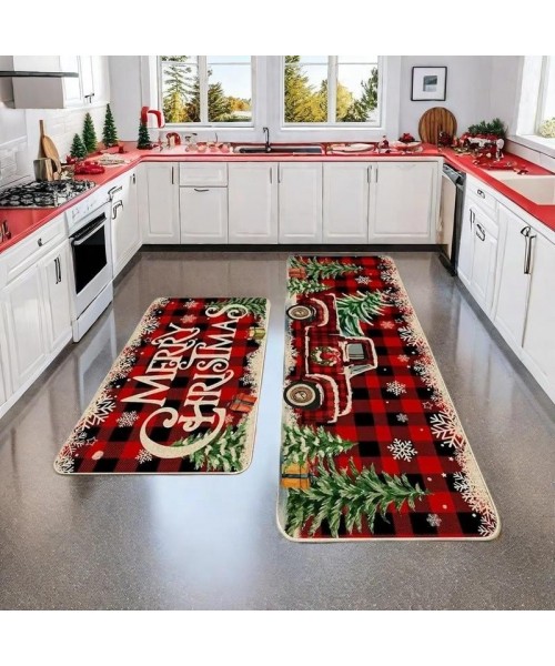 Christmas Themed Kitchen Floor Mat, 2 Counts/set Xmas Letter Tree & Truck Pattern Kitchen Mat, Rectangular Carpet for Home Living Room Bedroom
