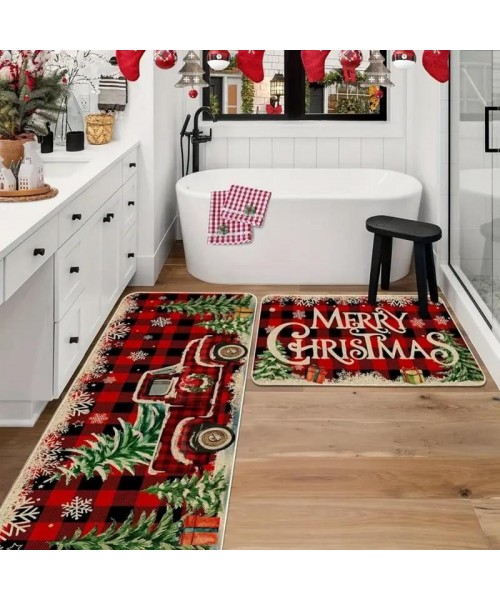 Christmas Themed Kitchen Floor Mat, 2 Counts/set Xmas Letter Tree & Truck Pattern Kitchen Mat, Rectangular Carpet for Home Living Room Bedroom