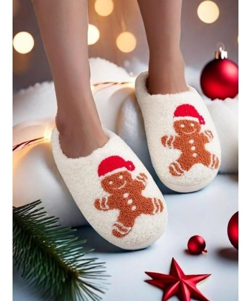 Women's Cute Gingerbread Man Design Plush Slippers, Casual Soft Comfortable Home Slippers, Warm Slippers for Indoor & Outdoor Use for Fall & Winter