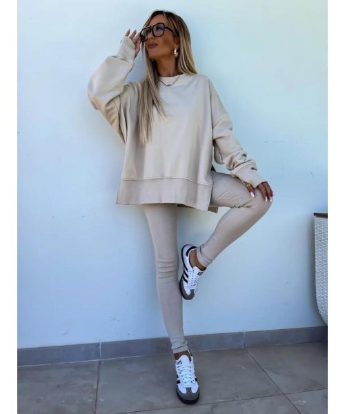 Two-piece Set Women's Solid Drop Shoulder Split Hem Sweatshirt & Leggings, Casual Fashion Cozy Round Neck Long Sleeve Pullover & Trousers for Daily Outdoor Wear, 2 Piece Sets Women, Women's Clothing for Spring & Fall, Sweatsuit Set Outfit