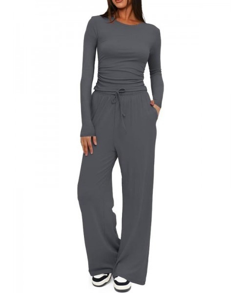 Two-piece Set Women's Solid Ruched Tee & Drawstring Pocket Pants Lounge Set, Casual Long Sleeve T-shirt & Elastic Waist Trousers, Ladies Sleepwear for All Seasons