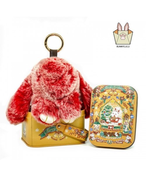 Handmade Fluffy Bunny PomPom Keychain with Designed Tin Box, Gifts for Halloween Christmas Holiday